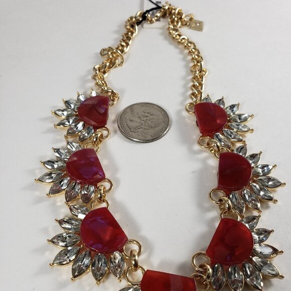 Gold Tone Floral Statement Necklace – Red Gem Glamorous & Dazzling Crystal 18" - Picture 6 of 10